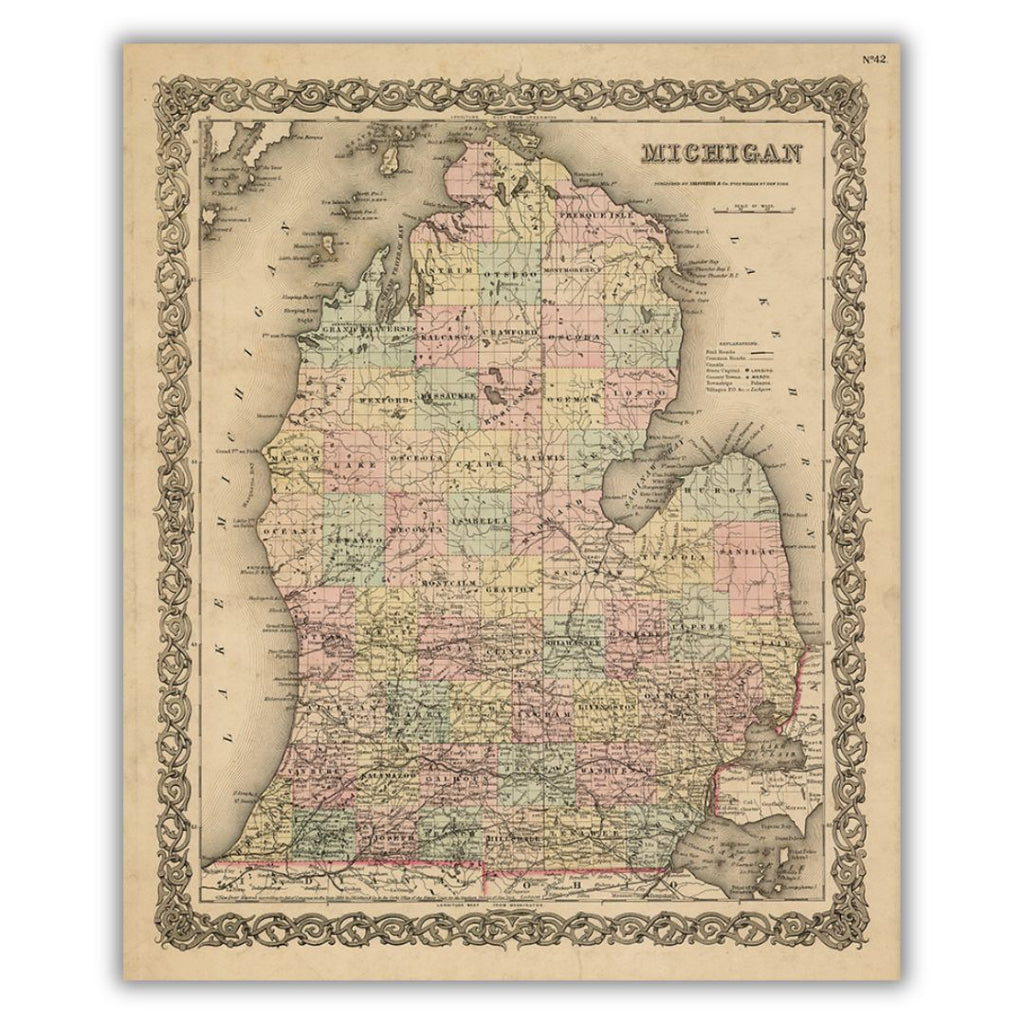 Detailed historical map of Michigan’s lower peninsula with the counties distinguished by various pastel colors on a beige background.