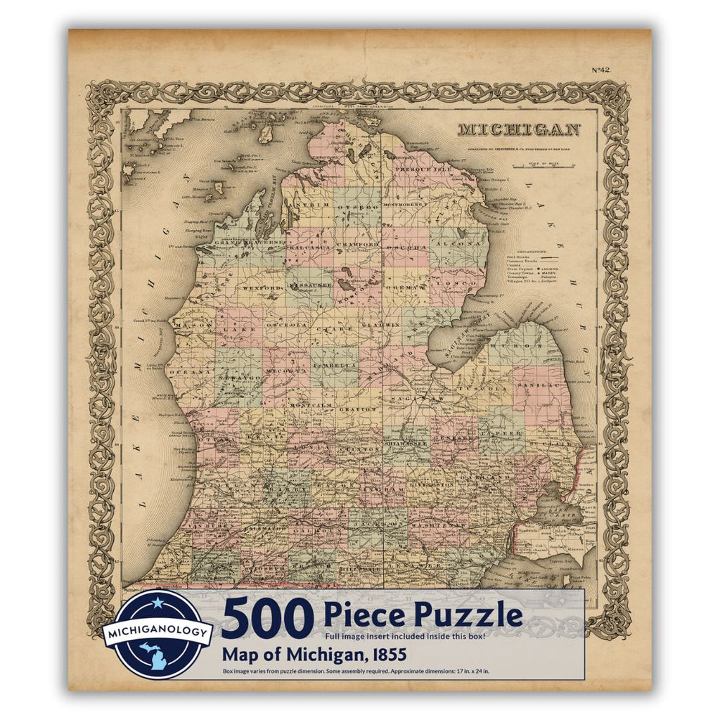 Detailed historical map of Michigan’s lower peninsula with the counties distinguished by various pastel colors on a beige background. Puzzle cover text reads “500 Piece Puzzle Full Image Insert Included inside this box! Map of Michigan, 1855 Box image varies from puzzle dimensions. Some assembly required. Approximate dimensions: 17 in. x 24 in.”