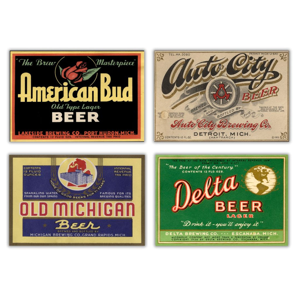 A label for American Bud Beer produced by Lakeside Brewing Company in Port Huron, Michigan. A label for Auto City Beer produced by Auto City Brewing Company in Hamtramck, Michigan. A label for Old Michigan Beer produced by Michigan Brewing Company in Grand Rapids, Michigan. A label for Delta Beer produced by Delta Brewing Company in Escanaba, Michigan.