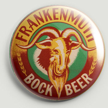 The front of a round bottle opener magnet featuring the beer label for Frankenmuth Bock Beer. Graphics are in red, yellow, white, and green, and feature a large goat head in the center.