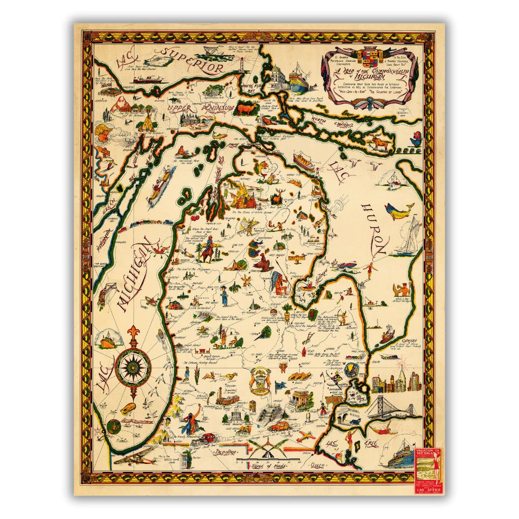 Historical map of the lower peninsula and half of the upper peninsula of Michigan. The design features colorful cartoonish drawings to distinguish landmarks.