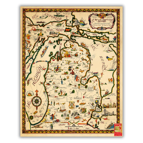 Historical map of the lower peninsula and half of the upper peninsula of Michigan. The design features colorful cartoonish drawings to distinguish landmarks.