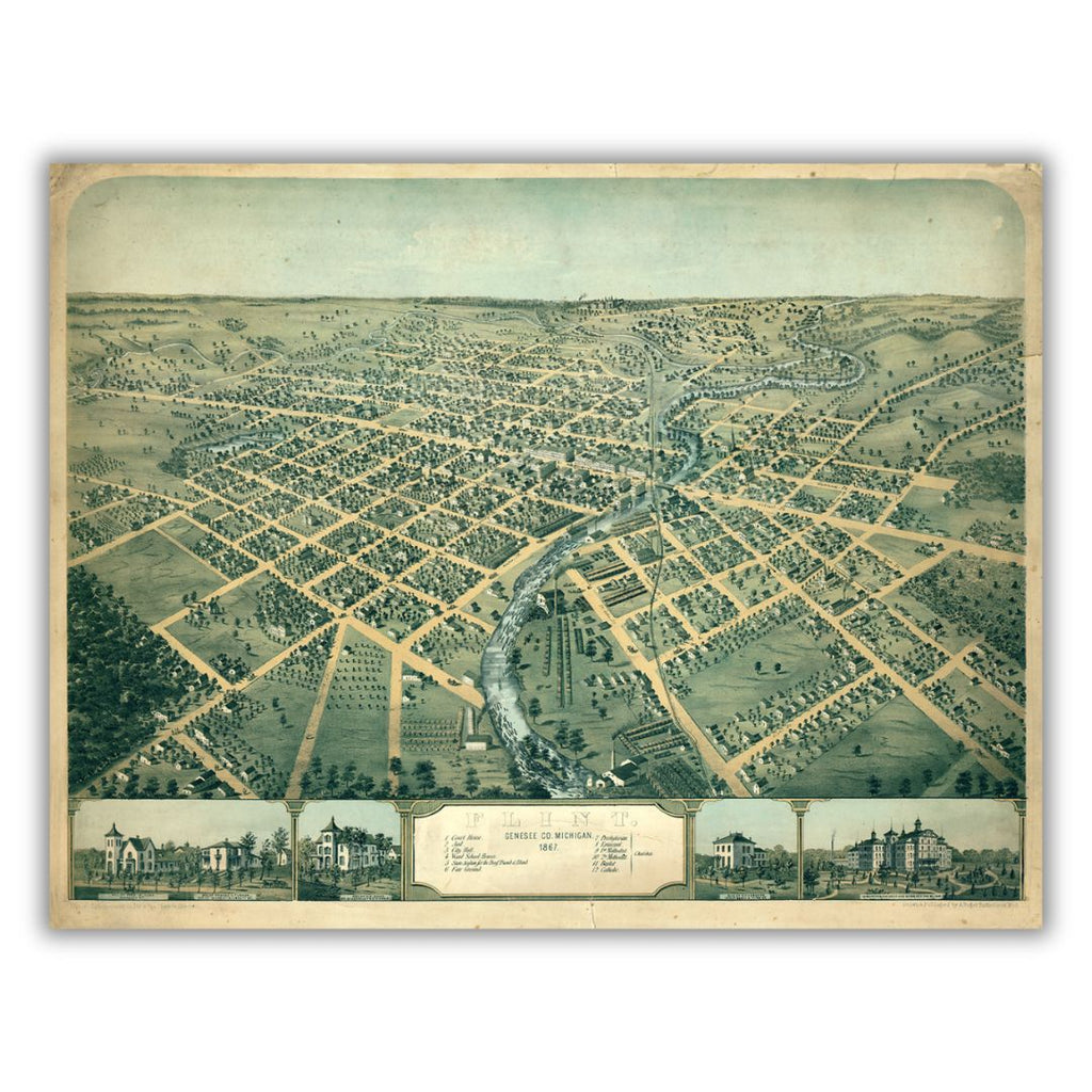 An 1867 bird's eye view of Flint, Michigan.