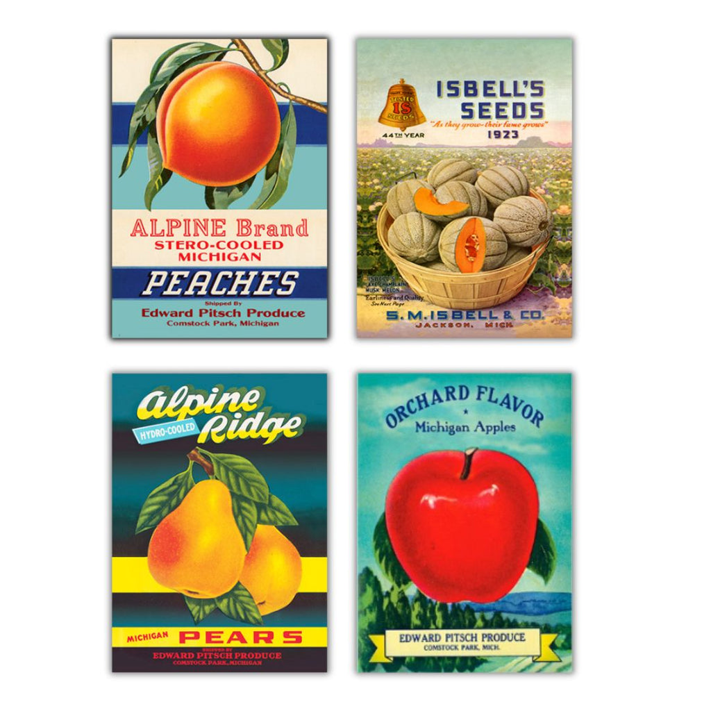 A label for Orchard Flavor Michigan Apples from Edward Pitsch Produce in Comstock Park, Michigan. A label for Isbell’s Seeds from S. M. Isbell & Company in Jackson, Michigan. A label for Alpine Brand Stero-Cooled Michigan Peaches shipped by Edward Pitsch Produce in Comstock Park, Michigan. A label for Alpine Ridge Hydro-Cooled Michigan Pears shipped by Edward Pitsch Produce in Comstock Park, Michigan.