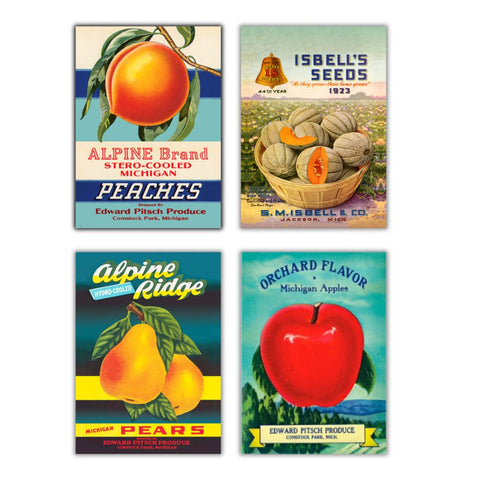 A label for Orchard Flavor Michigan Apples from Edward Pitsch Produce in Comstock Park, Michigan. A label for Isbell’s Seeds from S. M. Isbell & Company in Jackson, Michigan. A label for Alpine Brand Stero-Cooled Michigan Peaches shipped by Edward Pitsch Produce in Comstock Park, Michigan. A label for Alpine Ridge Hydro-Cooled Michigan Pears shipped by Edward Pitsch Produce in Comstock Park, Michigan.