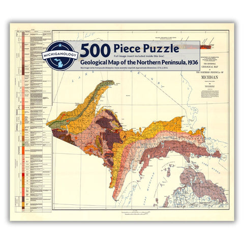 Detailed historical map of Michigan’s upper peninsula with a key on the left that distinguishes elevation levels. Elevations on the map are distinguished in various shades of pink, orange, and green. Puzzle cover text reads “500 Piece Puzzle Full Image Insert Included inside this box! Geological Map of the Northern Peninsula, 1936 Box image varies from puzzle dimensions. Some assembly required. Approximate dimensions: 17 in. x 24 in.”