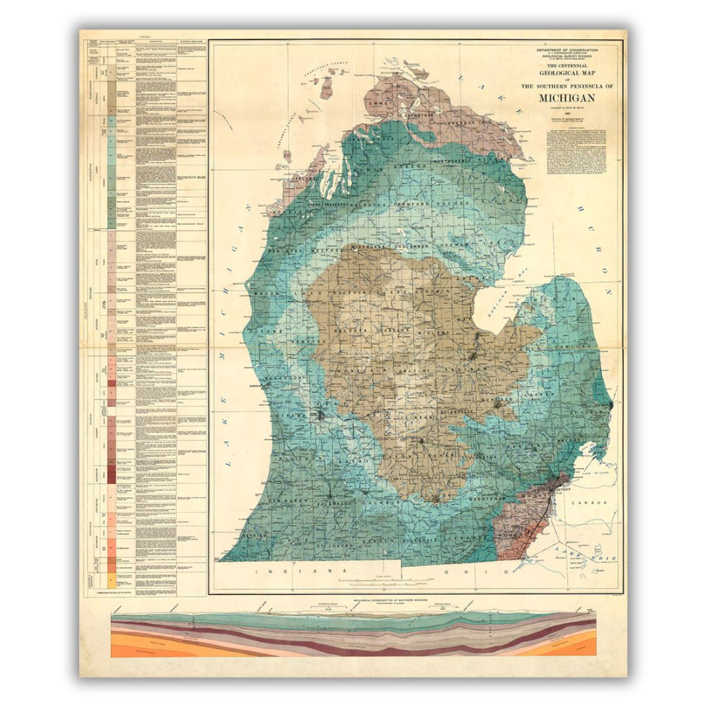 Detailed historical map of Michigan’s lower peninsula with a key on the left that distinguishes elevation levels. Elevations on the map are distinguished in various shades of blue, brown, and purple.