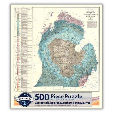 Detailed historical map of Michigan’s lower peninsula with a key on the left that distinguishes elevation levels. Elevations on the map are distinguished in various shades of blue, brown, and purple. Puzzle cover text reads “500 Piece Puzzle Full Image Insert Included inside this box! Geological Map of the Southern Peninsula, 1936 Box image varies from puzzle dimensions. Some assembly required. Approximate dimensions: 17 in. x 24 in.”