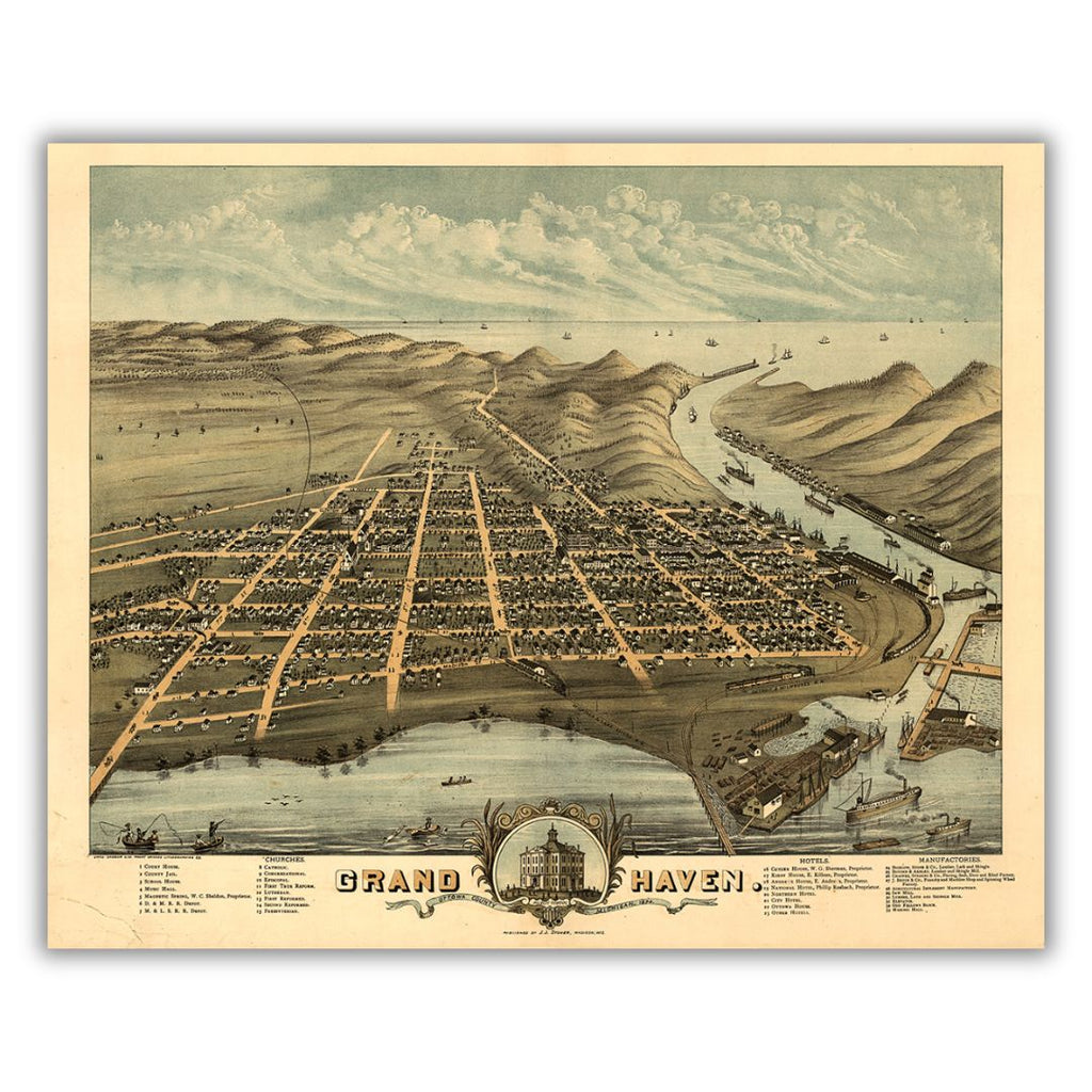 An 1874 bird's eye view of Grand Haven, Michigan.