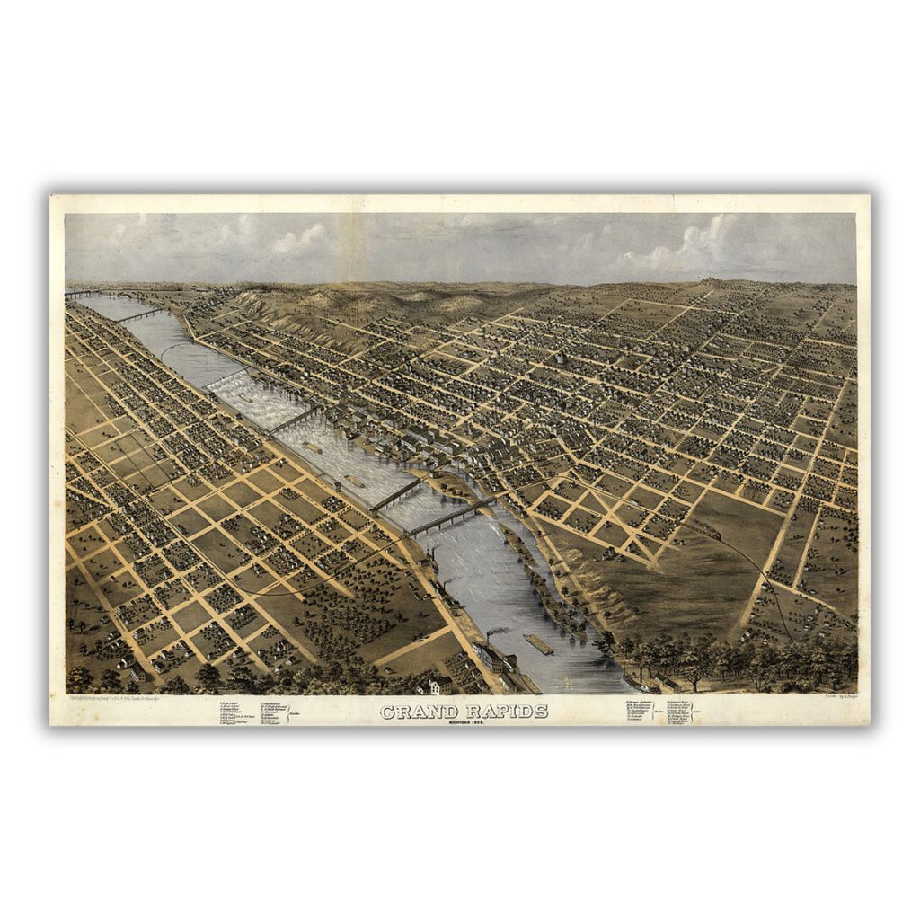 An 1868 bird's eye view of Grand Rapids, Michigan.