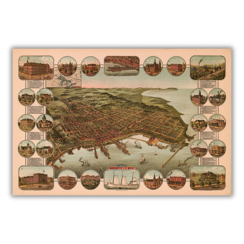 An 1886 bird's eye view of Marquette, Michigan.