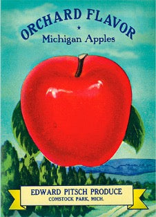 A label for Orchard Flavor Michigan Apples from Edward Pitsch Produce in Comstock Park, Michigan. Design features a large red apple against a scenic farm background.