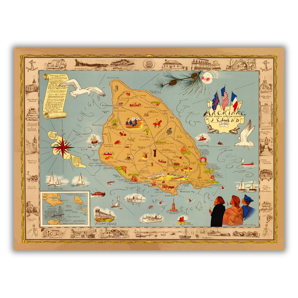 Colorful historical map of Mackinac Island featuring cartoonish drawings at landmarks.