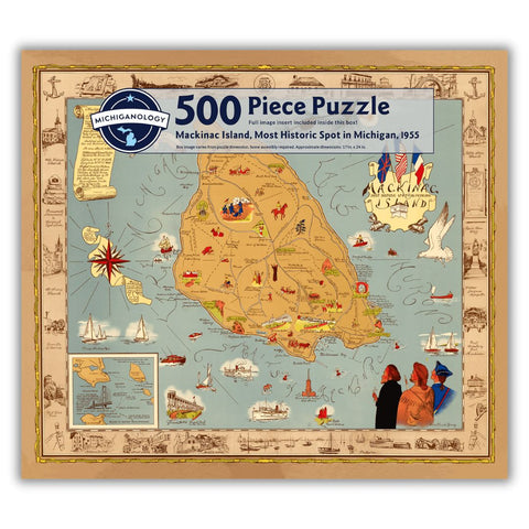 Colorful historical map of Mackinac Island featuring cartoonish drawings at landmarks. Puzzle cover text reads “500 Piece Puzzle Full Image Insert Included inside this box! Mackinac Island, Most Historic Spot in Michigan, 1955 Box image varies from puzzle dimensions. Some assembly required. Approximate dimensions: 17 in. x 24 in.”