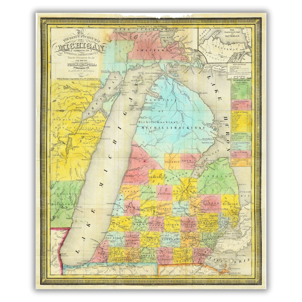Detailed historical map of the lower peninsula of Michigan with counties identified in various bright colors.