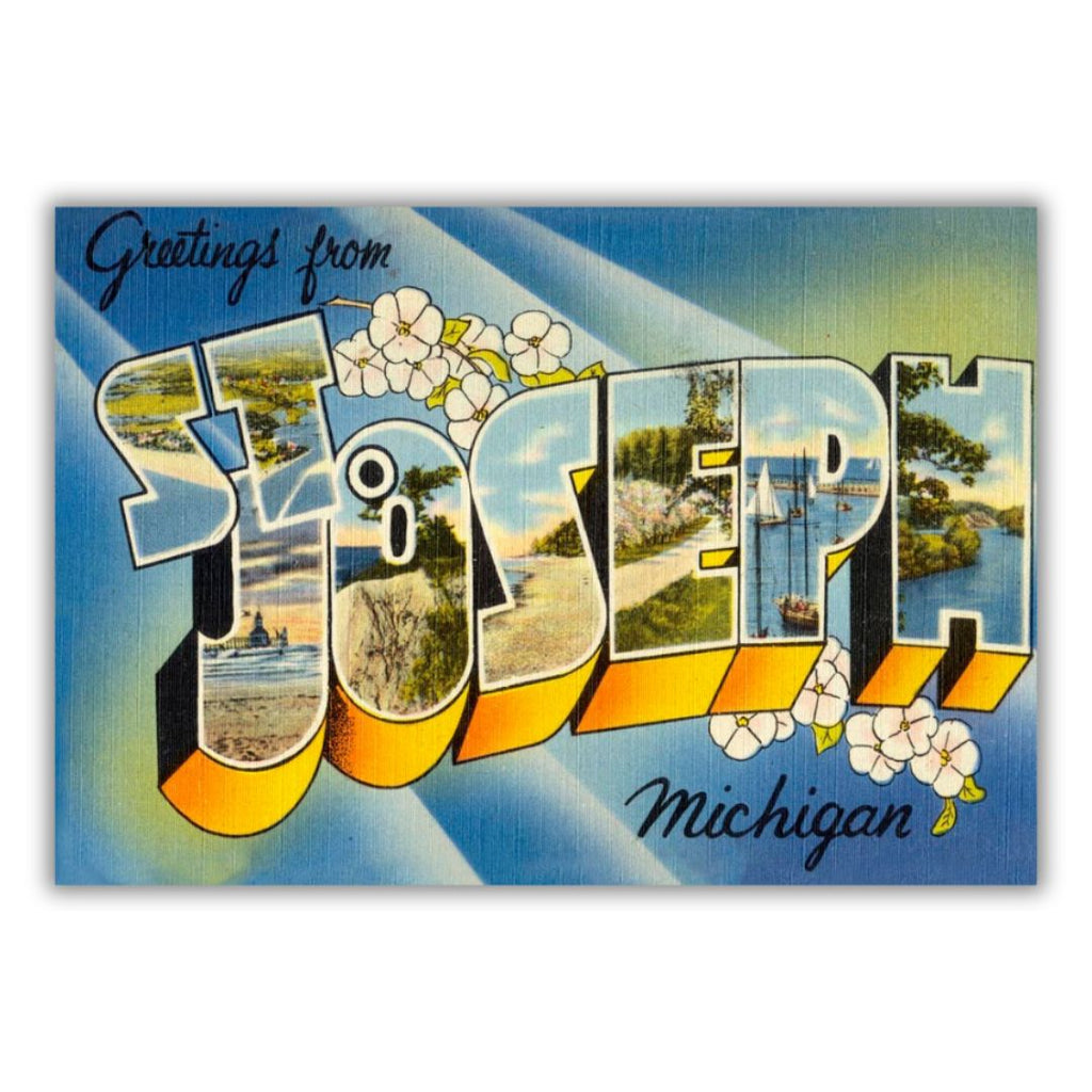 Historical postcard with stylized text that reads “Greetings from St. Joseph Michigan.” The design features various landscape scenes within the block letters of “St. Joseph” and is on a light blue and yellow background.