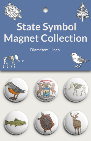 A package of the State Symbol Fauna Magnet Collection showing six round magnets with white backgrounds.