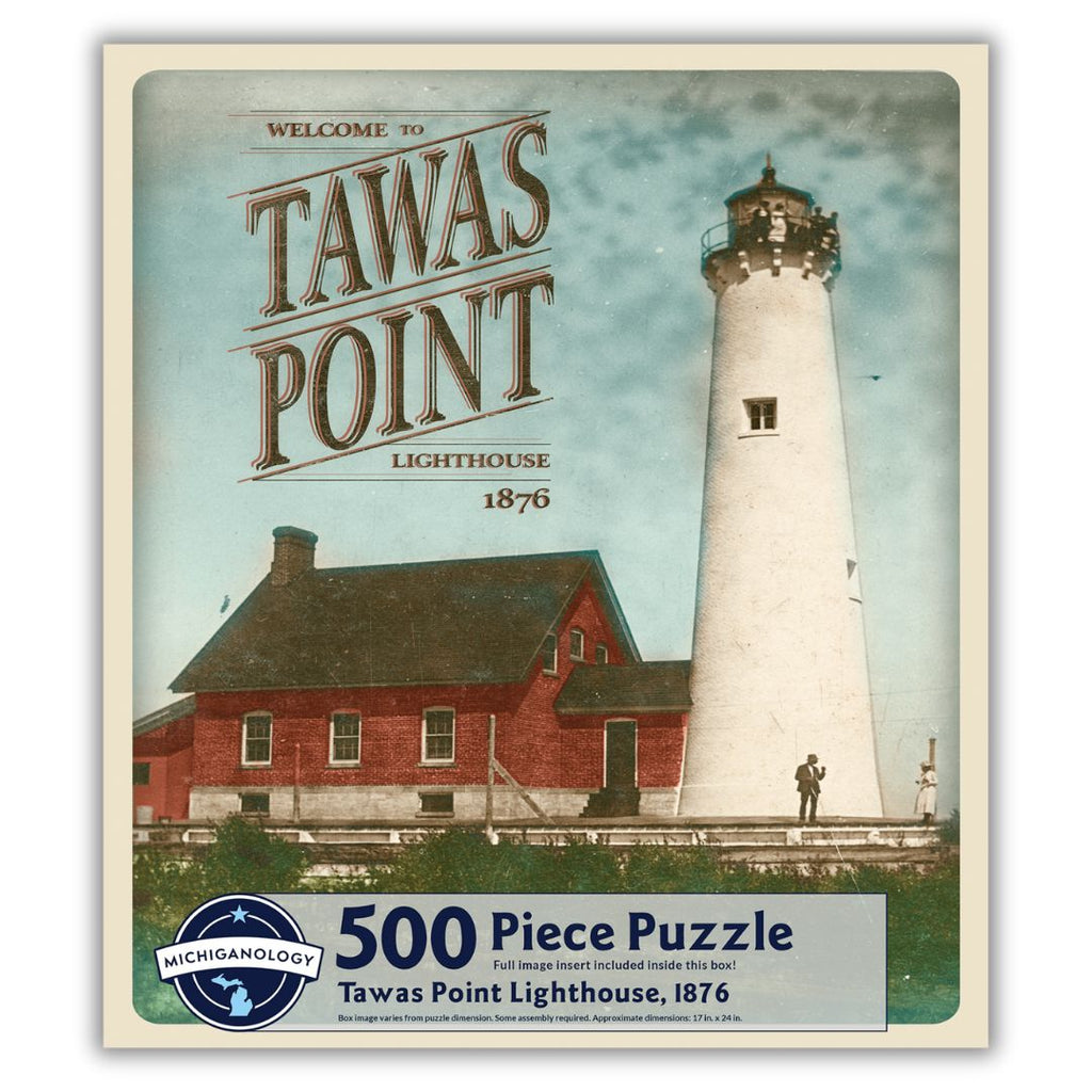 Colorized historical image of Tawas Point Lighthouse and keeper’s dwelling. Puzzle cover text reads “500 Piece Puzzle Full Image Insert Included inside this box! Tawas Point Lighthouse, 1876 Box image varies from puzzle dimensions. Some assembly required. Approximate dimensions: 17 in. x 24 in.”