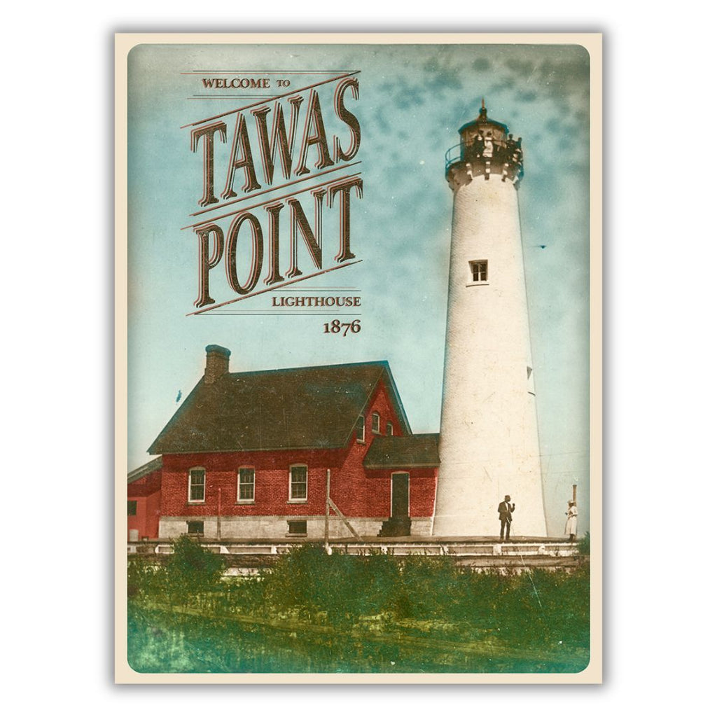 Colorized historical image of Tawas Point Lighthouse and keeper’s dwelling.