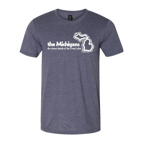 A heathered blue t-shirt with a white logo on the chest that reads “The Michigans the almost islands of the Great Lakes” with an outline of the state of Michigan.