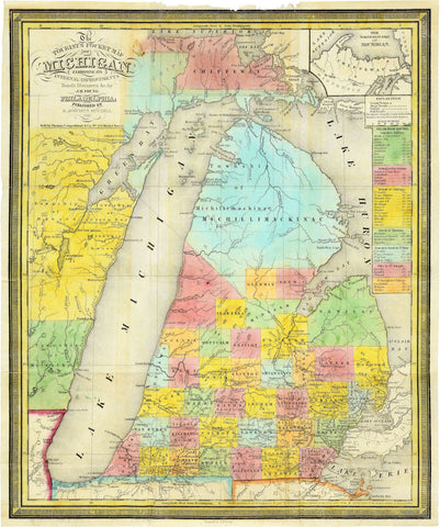 Detailed historical map of the lower peninsula of Michigan with counties identified in various bright colors.