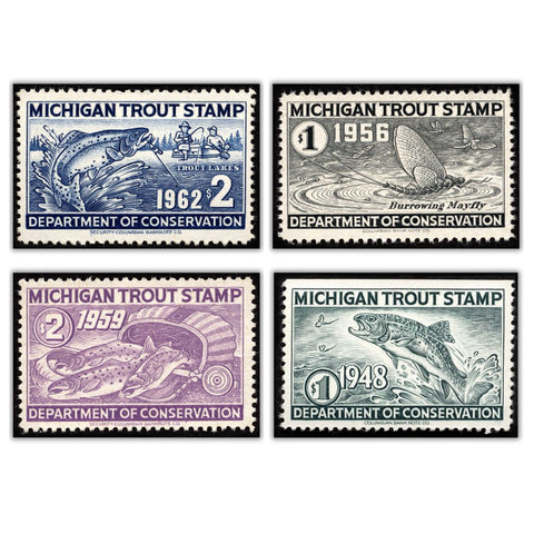 Reproduction of the 1948 Michigan Trout Stamp in dark teal ink. Reproduction of the 1956 Michigan Trout Stamp in black ink. Reproduction of the 1959 Michigan Trout Stamp in purple ink. Reproduction of the 1962 Michigan Trout Stamp in navy blue ink.