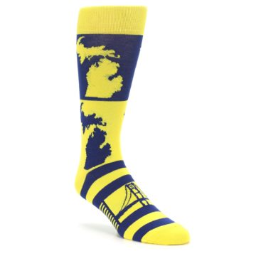 A crew-length sock featuring outlines of the state of Michigan and the Mackinac Bridge in navy blue and yellow colors.
