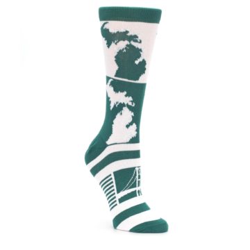 A crew-length sock featuring outlines of the state of Michigan and the Mackinac Bridge in green and white colors.