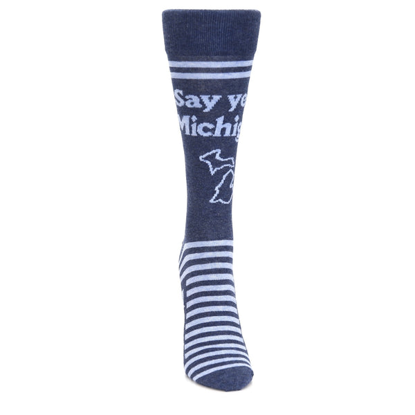 Front view of a crew-length sock featuring the text “Say yes to Michigan” with an outline of the state of Michigan underneath it. The sock is navy blue and light blue and has stripes on the foot and near the cuff.