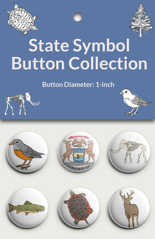 A package of the State Symbol Fauna Button Collection showing six round buttons with white backgrounds.