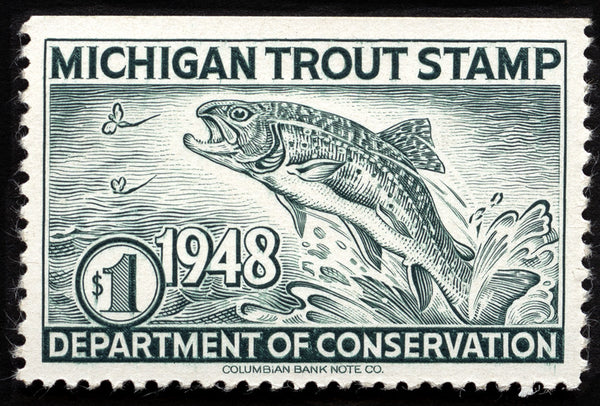 Reproduction of the 1948 Michigan Trout Stamp. The stamp features a drawing in dark teal ink of a trout splashing out of the water to eat a fly. Text on the stamp reads "Michigan Trout Stamp 1948 $1 Department of Conservation Columbian Bank Note Co."