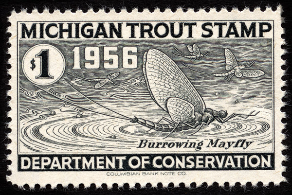 Reproduction of the 1956 Michigan Trout Stamp. The stamp features a drawing of a burrowing mayfly in black ink. Text on the stamp reads "Michigan Trout Stamp 1956 $1 Burrowing Mayfly Department of Conservation Columbian Bank Note Co."