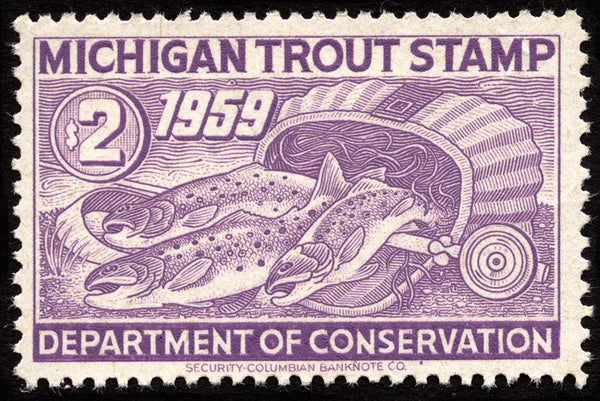 Reproduction of the 1959 Michigan Trout Stamp. The stamp features a drawing in purple ink of three trout falling out of a basket. Text on the stamp reads "Michigan Trout Stamp 1959 $2 Department of Conservation Security-Columbian Bank Note Co."