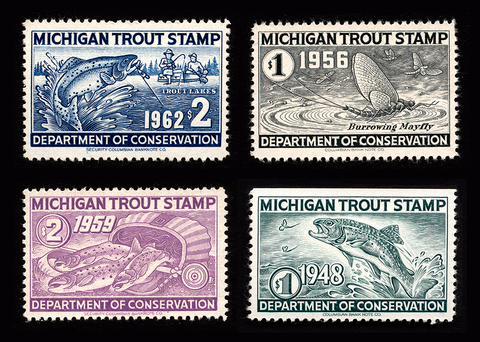 Reproduction of the 1948 Michigan Trout Stamp in dark teal ink. Reproduction of the 1956 Michigan Trout Stamp in black ink. Reproduction of the 1959 Michigan Trout Stamp in purple ink. Reproduction of the 1962 Michigan Trout Stamp in navy blue ink.