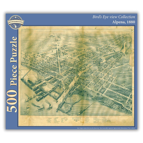 500-piece puzzle cover showing an 1880 bird's eye view of Alpena, Michigan.