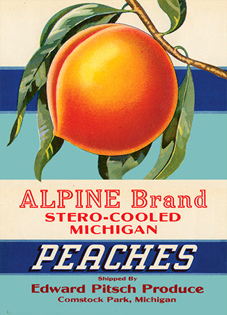 A label for Alpine Brand Stero-Cooled Michigan Peaches shipped by Edward Pitsch Produce in Comstock Park, Michigan. Design features a large peach on a branch against a dark blue, light blue, and white striped background.