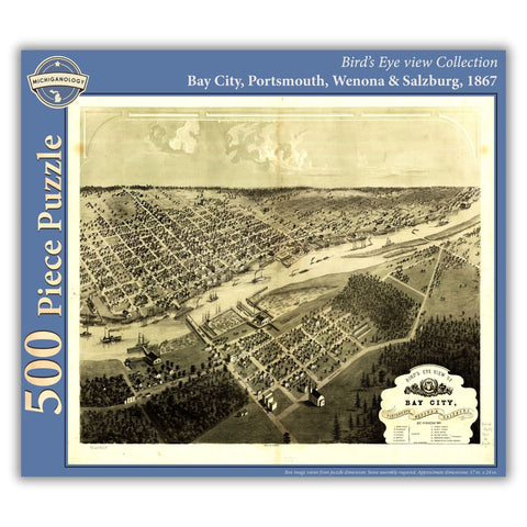 500-piece puzzle cover showing an 1867 bird's eye view of Bay City, Portsmouth, Wenona, and Salzburg.