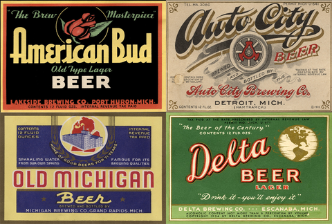 A label for American Bud Beer produced by Lakeside Brewing Company in Port Huron, Michigan. A label for Auto City Beer produced by Auto City Brewing Company in Hamtramck, Michigan. A label for Old Michigan Beer produced by Michigan Brewing Company in Grand Rapids, Michigan. A label for Delta Beer produced by Delta Brewing Company in Escanaba, Michigan.