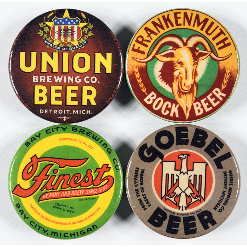 The front of a round bottle opener magnet featuring the beer label for Union Beer produced by Union Brewing Company in Detroit. The front of a round bottle opener magnet featuring the beer label for Frankenmuth Bock Beer. The front of a round bottle opener magnet featuring the beer label for Finest Beer produced by Bay City Brewing Company in Bay City, Michigan. The front of a round bottle opener magnet featuring the beer label for Goebel Beer produced by Goebel Brewing Company in Detroit.