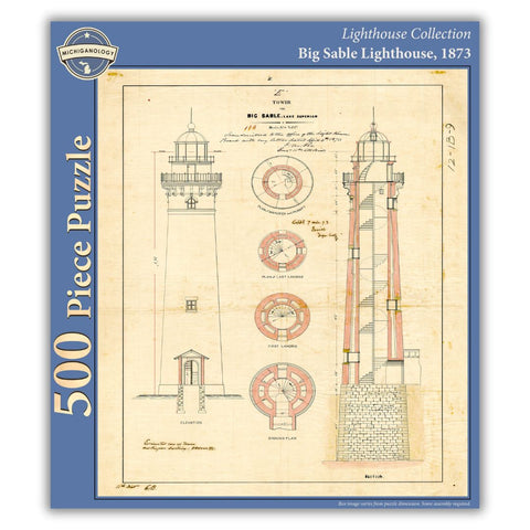 500-piece puzzle cover showing an 1873 architectural drawing of Big Sable Lighthouse.