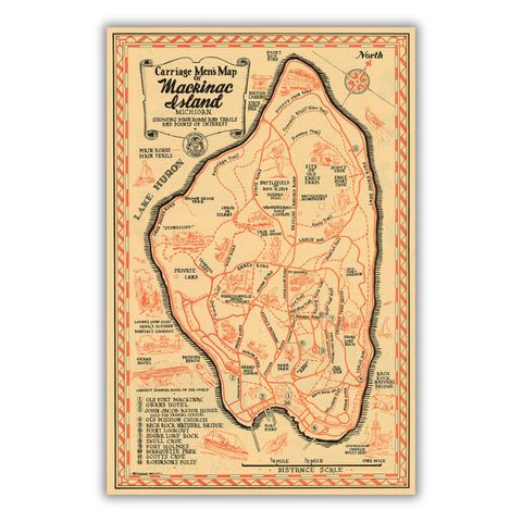A map titled “Carriage Men’s Map of Mackinac Island Michigan Showing Main Roads and Trails and Points of Interest.” The map is drawn in black and red inks on a beige background.