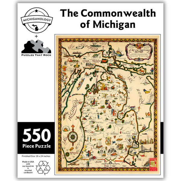 550-piece puzzle cover showing the Commonwealth of Michigan.