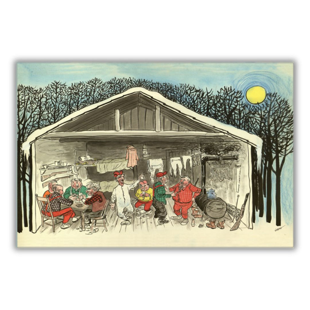 A color illustration titled “Deer Camp” by Oscar Warbach. The illustration shows eight men in various poses inside a forest cabin in winter.