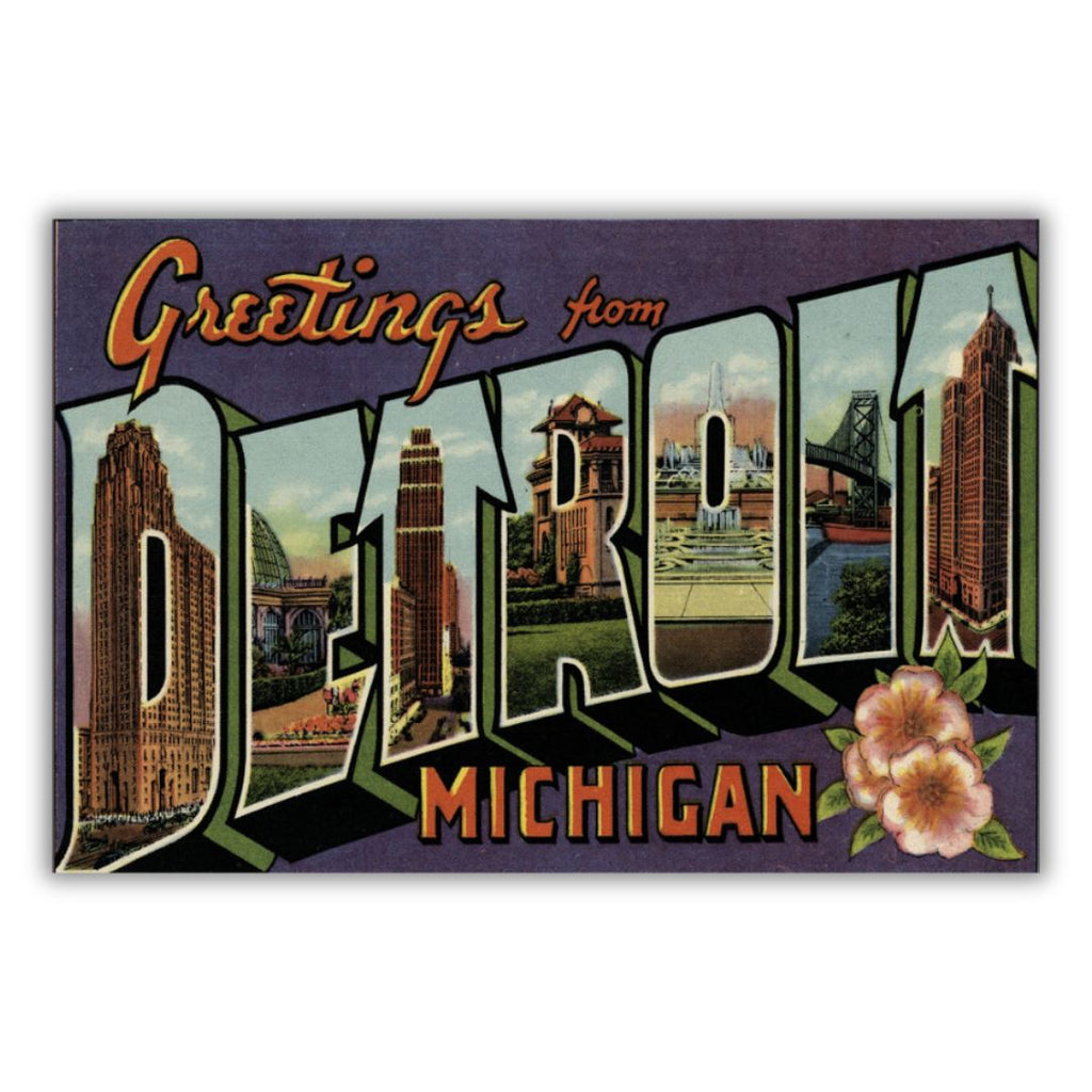 Historical postcard with stylized text that reads “Greetings from Detroit Michigan” The design features various city scenes within the block letters of “Detroit” and is on a purple background.