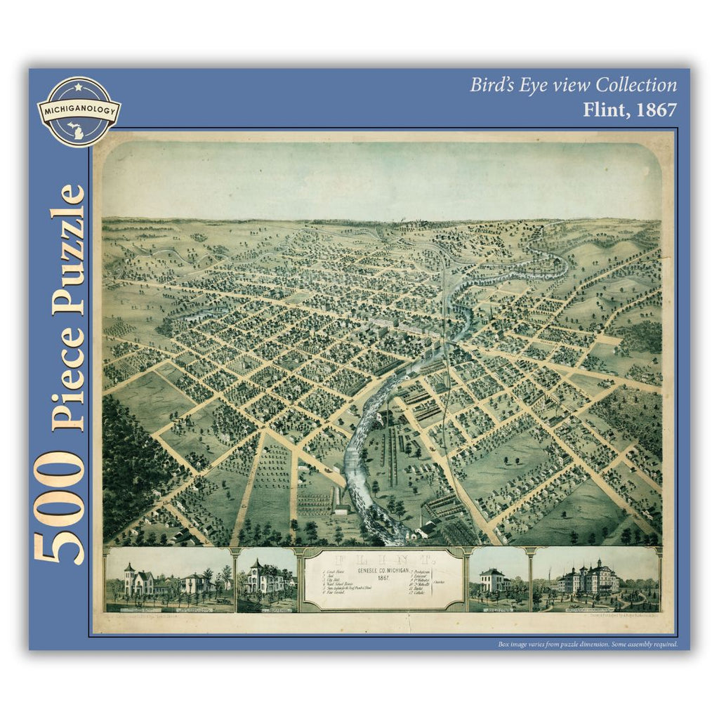 500-piece puzzle cover showing an 1867 bird's eye view of Flint, Michigan.