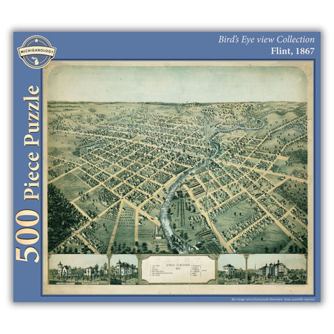 500-piece puzzle cover showing an 1867 bird's eye view of Flint, Michigan.