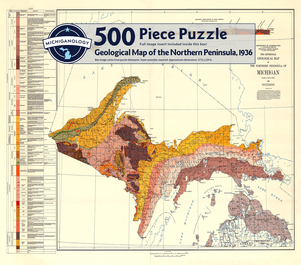 Detailed historical map of Michigan’s upper peninsula with a key on the left that distinguishes elevation levels. Elevations on the map are distinguished in various shades of pink, orange, and green. Puzzle cover text reads “500 Piece Puzzle Full Image Insert Included inside this box! Geological Map of the Northern Peninsula, 1936 Box image varies from puzzle dimensions. Some assembly required. Approximate dimensions: 17 in. x 24 in.”