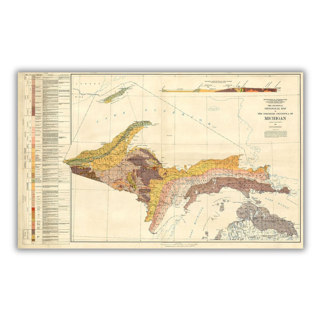 Detailed historical map of Michigan’s upper peninsula with a key on the left that distinguishes elevation levels. Elevations on the map are distinguished in various shades of pink, orange, and green.