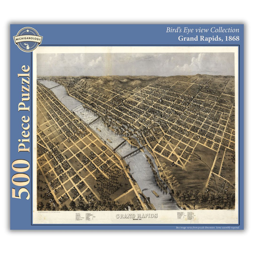 500-piece puzzle cover showing an 1868 bird's eye view of Grand Rapids, Michigan.