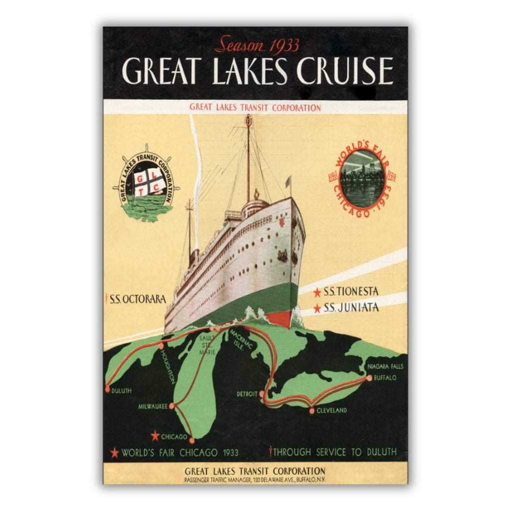 Front of a brochure with graphic design featuring a cruise ship sailing on a map of the Great Lakes showing the cruise route. The text and design are in white, red, green, black, and light yellow. Text reads “Season 1933 Great Lakes Cruise Great Lakes Transit Corporation S.S. Octorara S.S. Tionesta S.S. Juniata World’s Fair Chicago 1933 Through Service to Duluth Great Lakes Transit Corporation Passenger Traffic Manager, 120 Delaware Ave, Buffalo, N.Y.”
